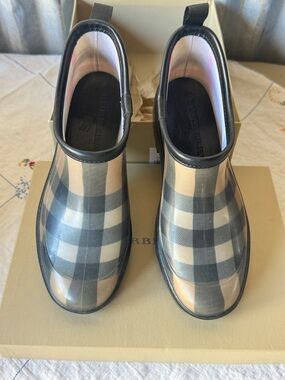 Burberry Beige and Black Check Short Chelsea Rain Boots